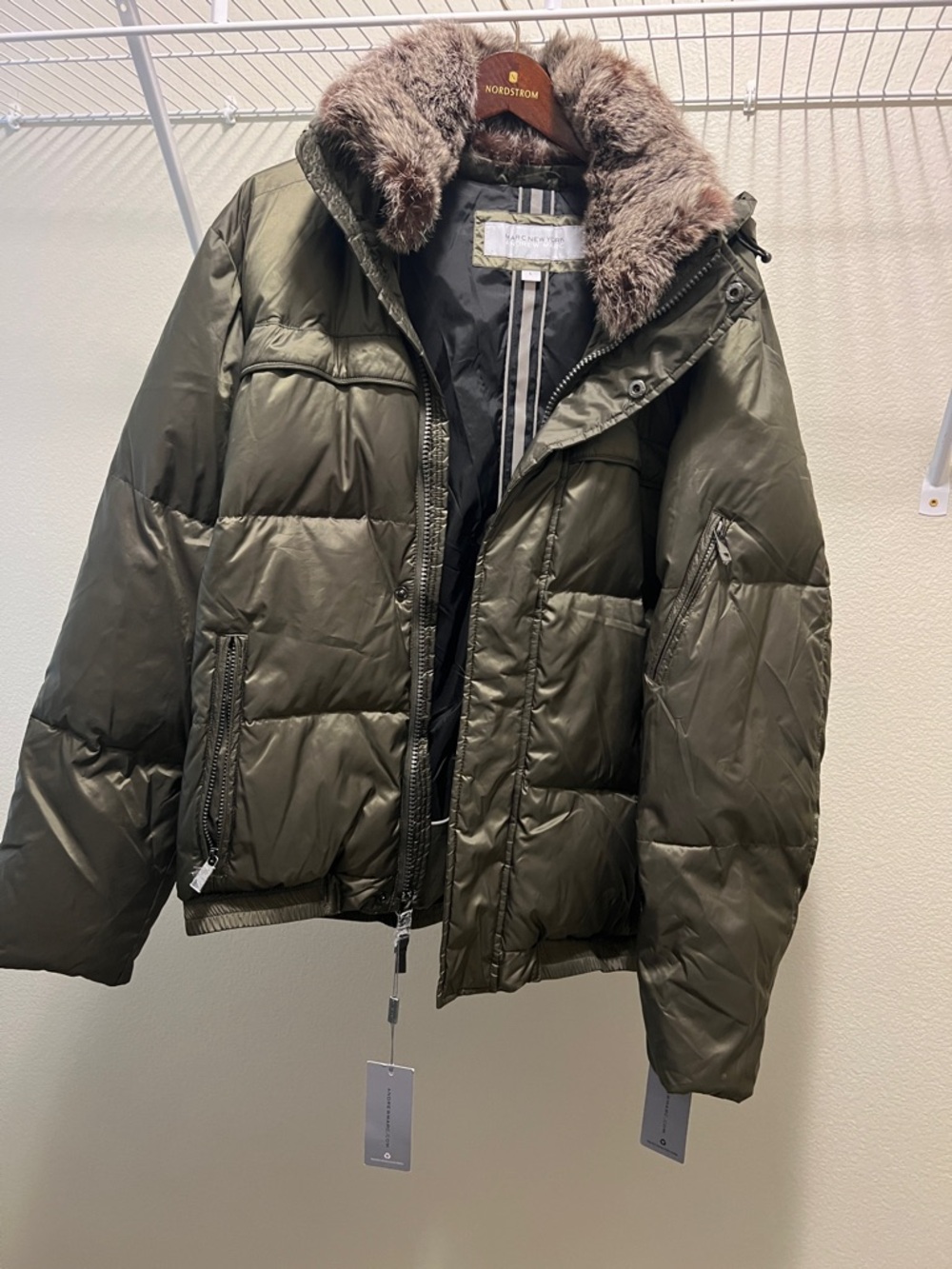 Andrew Marc Olive Green Puffer Jacket with Fur Collar
